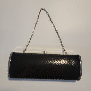 EXPRESSIONS‎ NYC Bag Black Faux Snakeskin Barrel Silver Chain Evening Bag